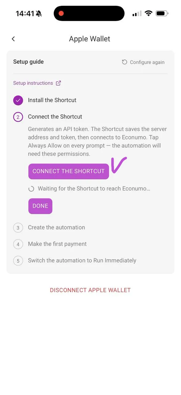 Step 2 in Econumo with Connect the Shortcut highlighted
