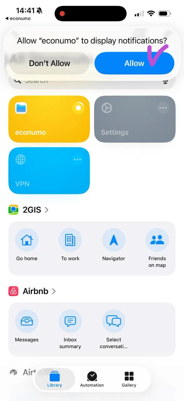 The Shortcuts notification permission prompt with Allow highlighted
