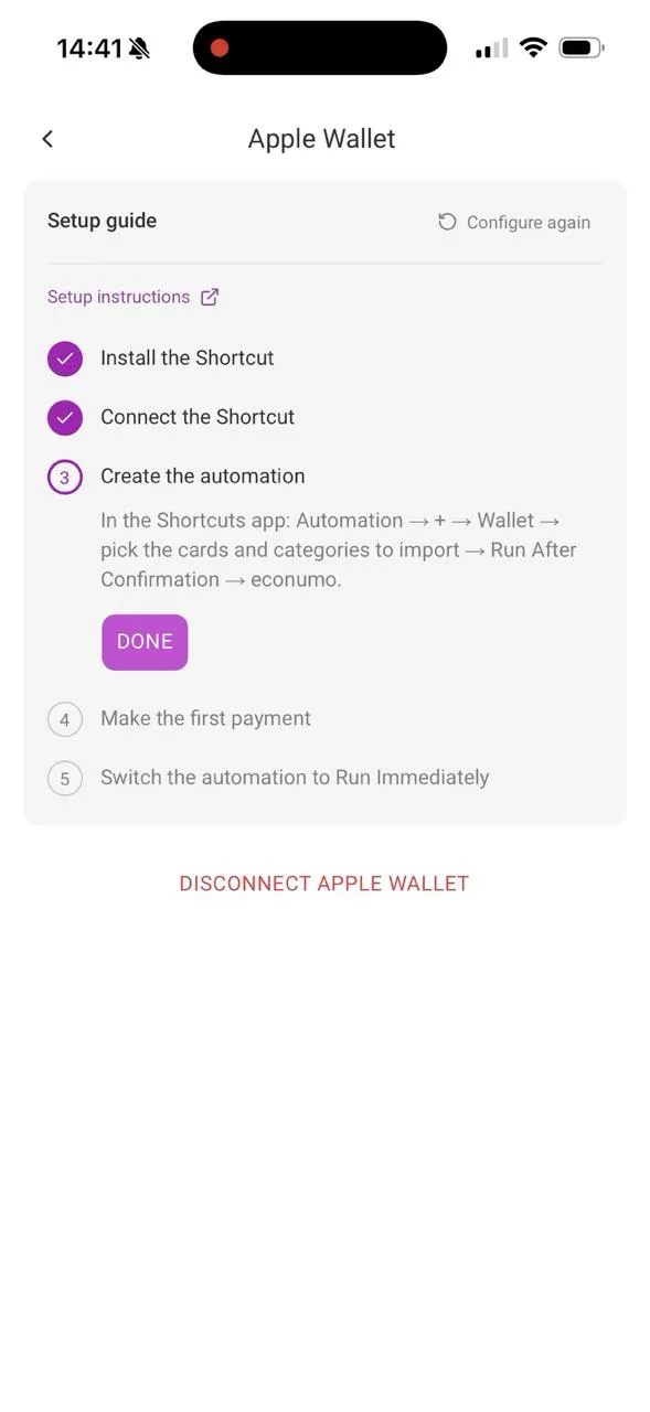 Step 3 of Econumo's setup checklist describing the Wallet automation