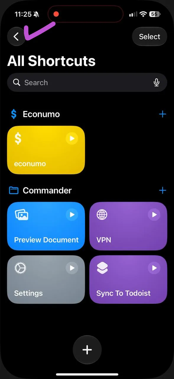 iOS 27 All Shortcuts with the back arrow to Library highlighted