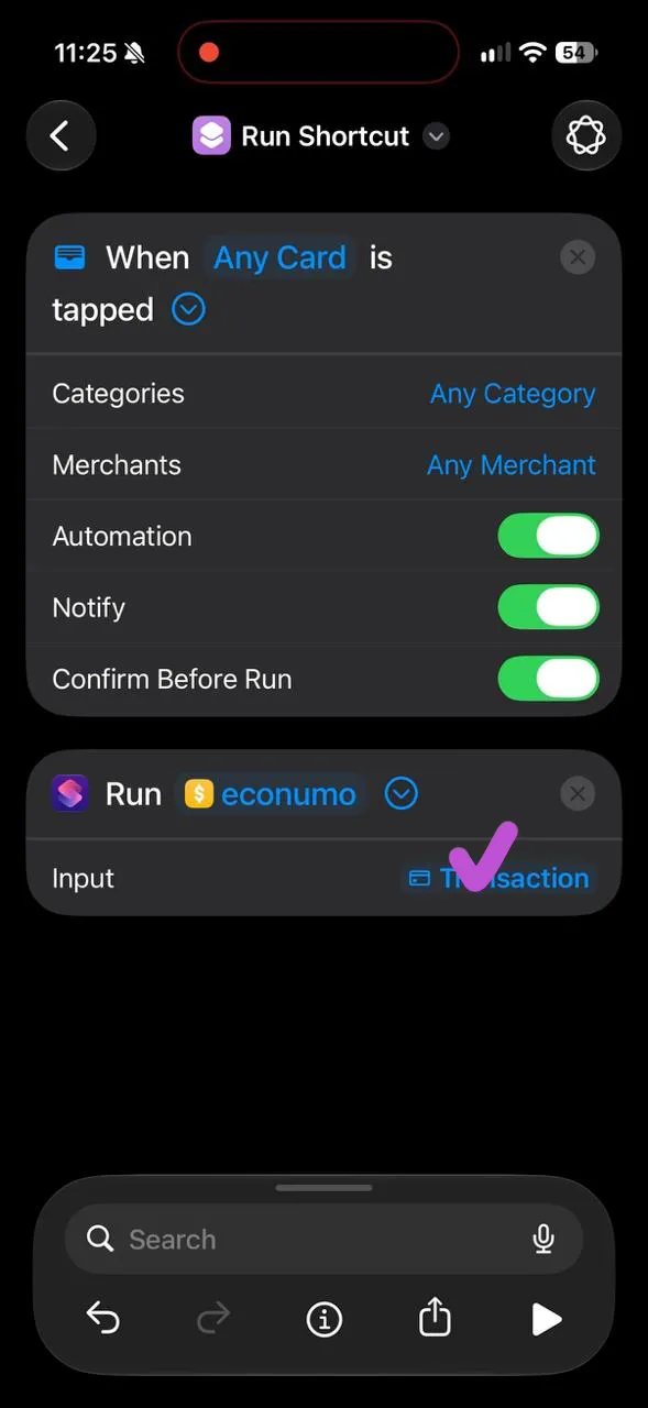 The Run econumo action with Transaction as its input