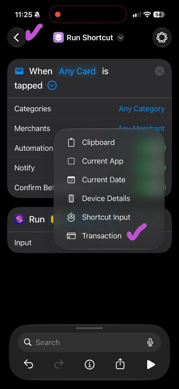 The Input variable picker with Transaction selected