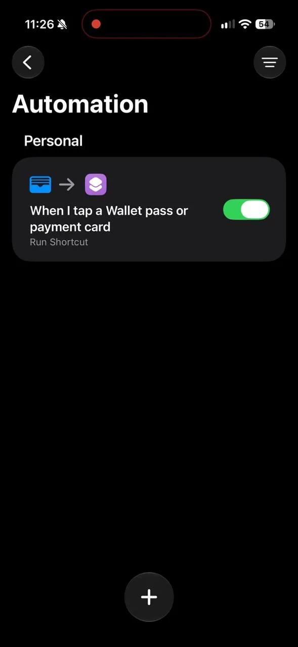 The saved iOS 27 Wallet automation enabled in the Automation list