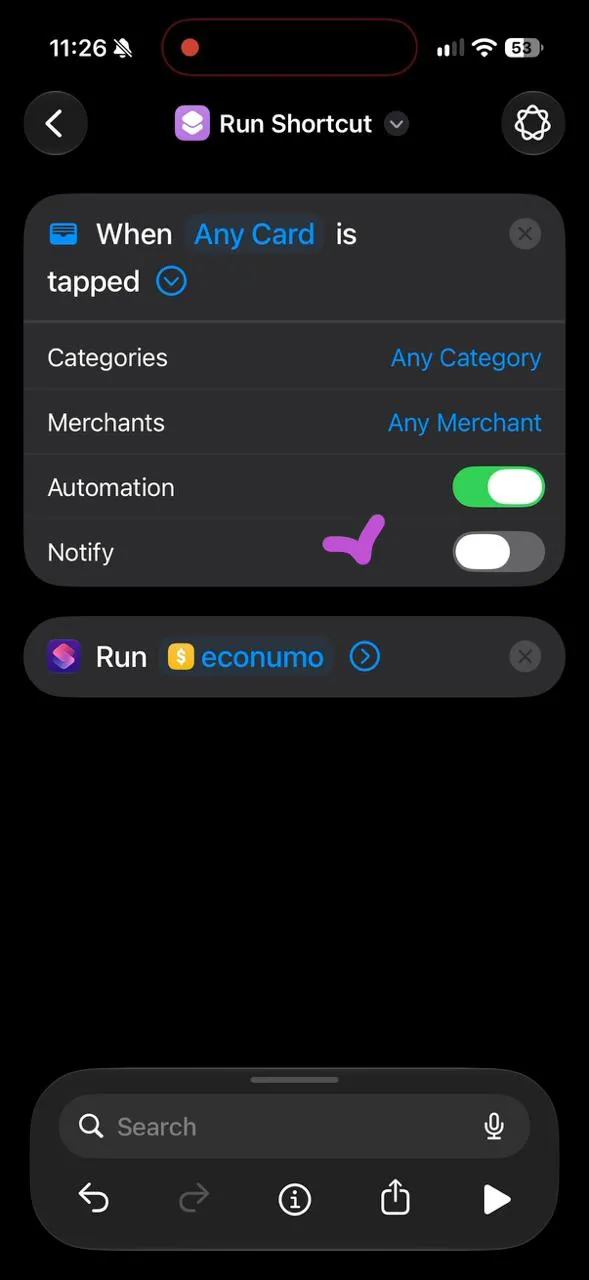 The iOS 27 Wallet automation with Automation on and Notify off