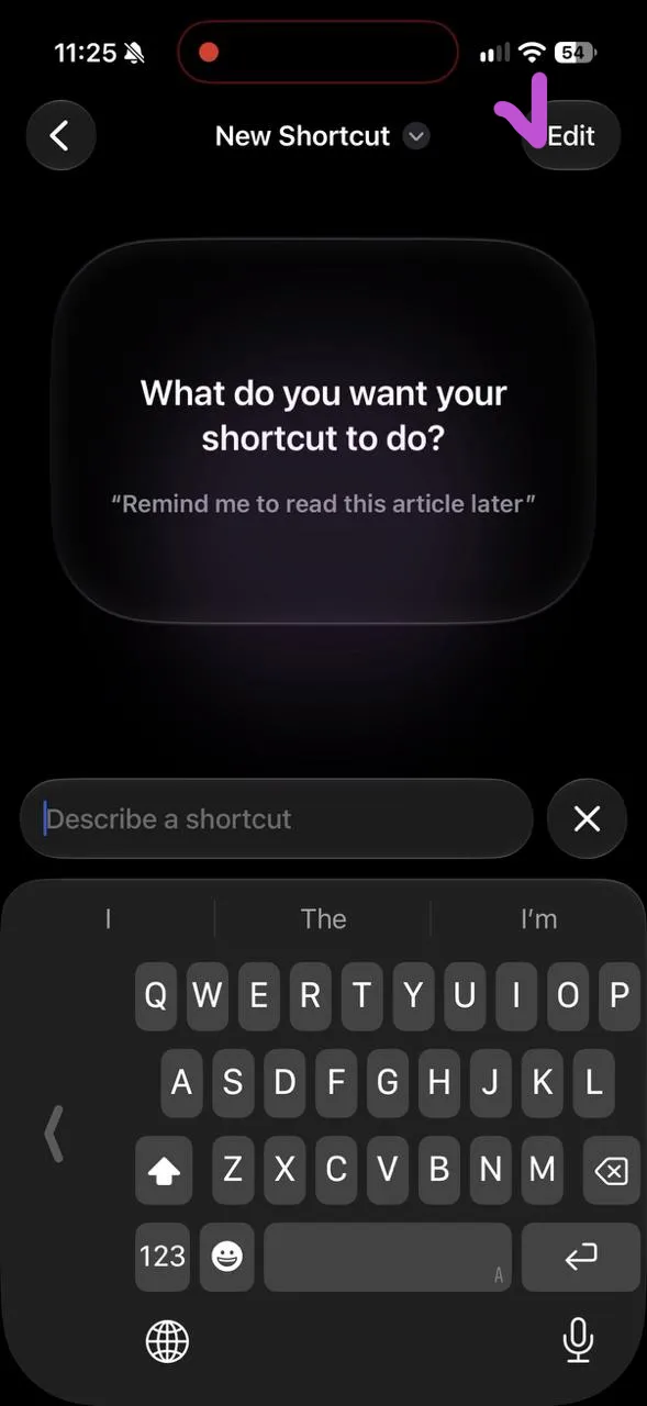 iOS 27 New Shortcut screen with Edit highlighted