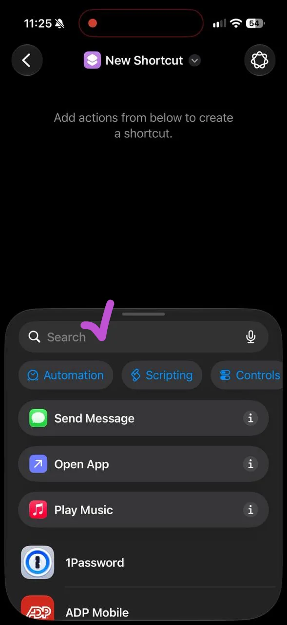 The iOS 27 shortcut editor with the Search field highlighted