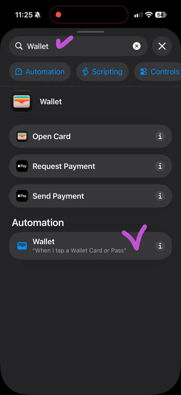 Search results for Wallet with the Wallet automation trigger highlighted