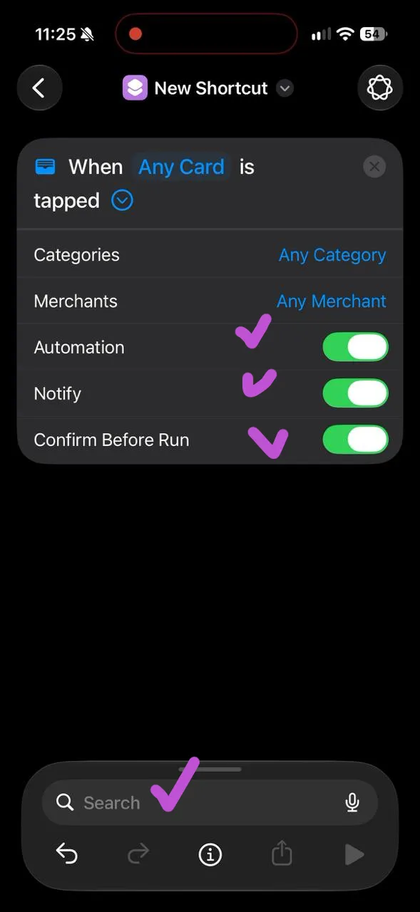 The Wallet trigger with Automation, Notify, and Confirm Before Run enabled