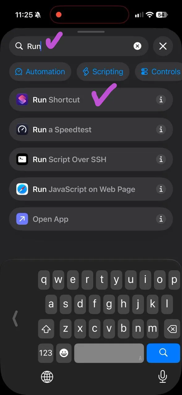 Search results with the Run Shortcut action highlighted