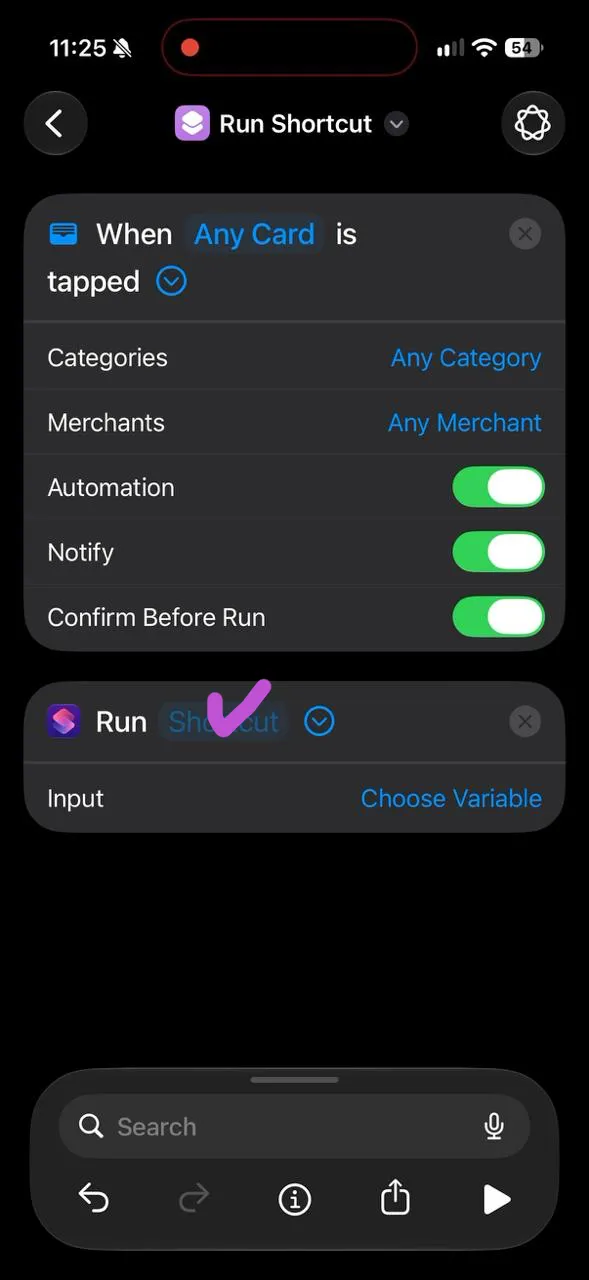 The Run Shortcut action with the Shortcut placeholder highlighted