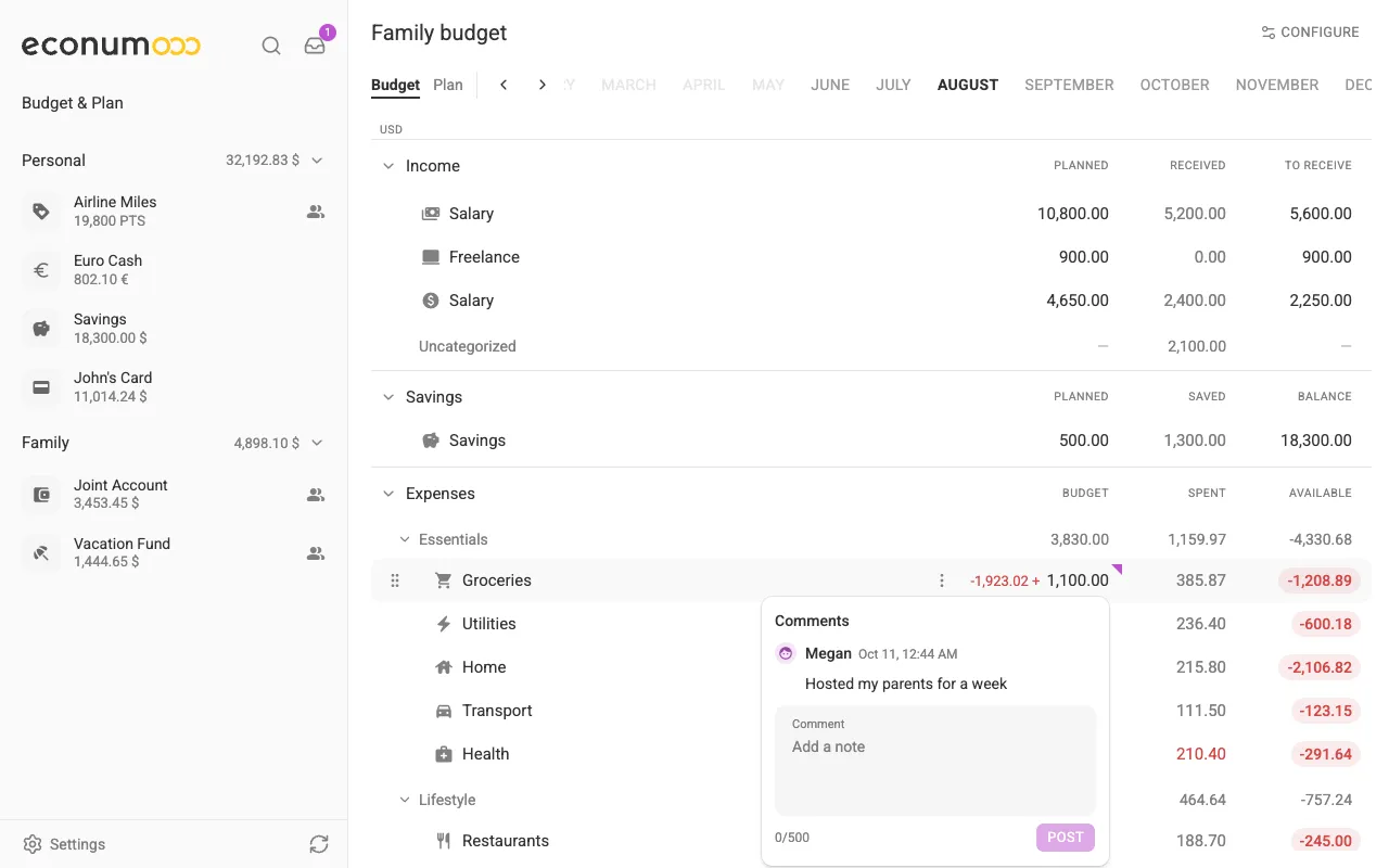 A comment thread on August groceries (desktop)