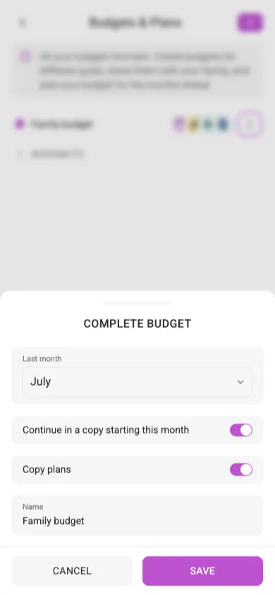 The Complete budget dialog (mobile)