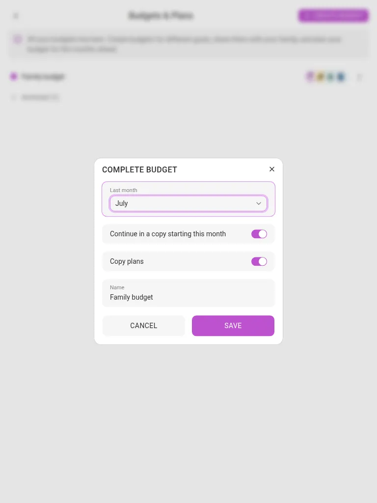 The Complete budget dialog (tablet)