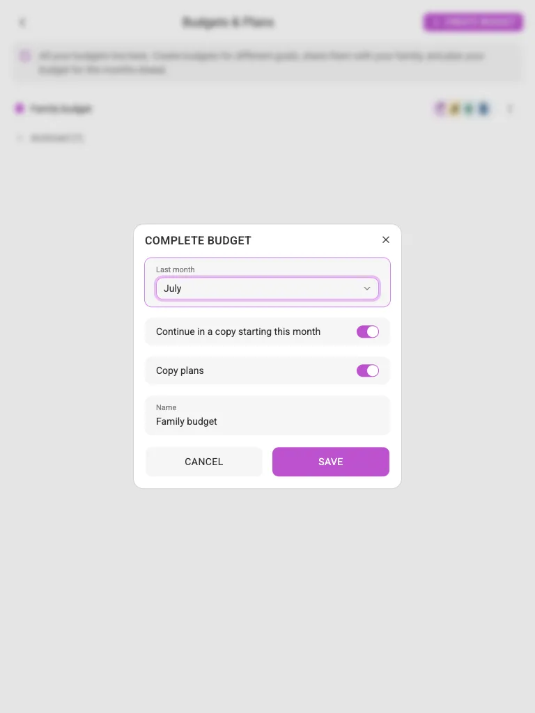 The Complete budget dialog (tablet)
