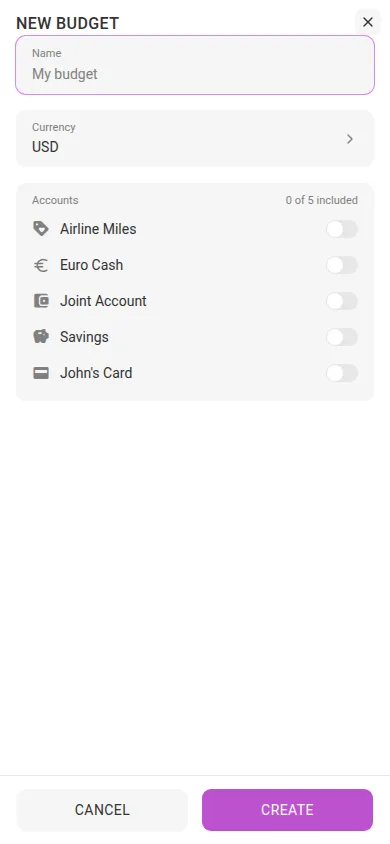The new-budget dialog (mobile)