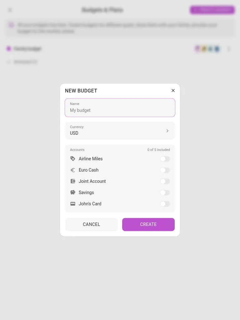 The new-budget dialog (tablet)