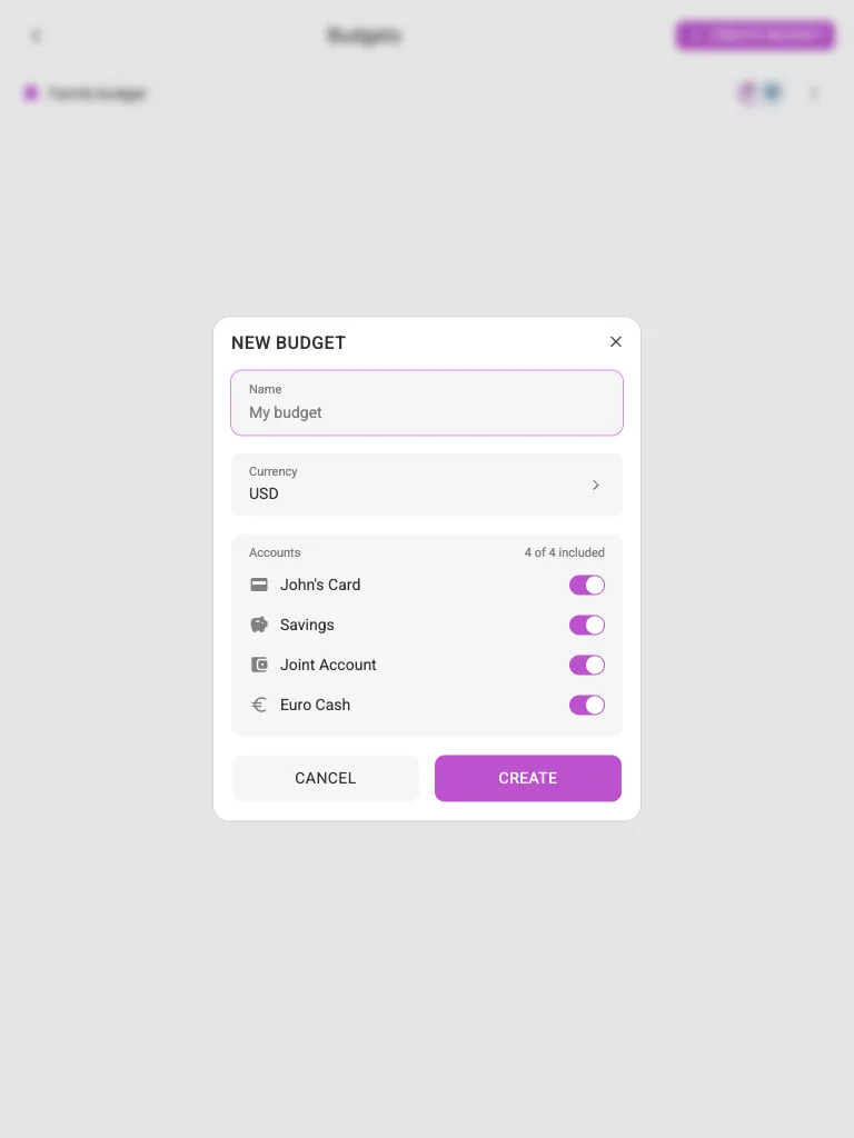 The new-budget dialog (tablet)