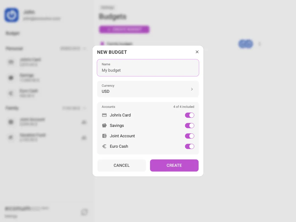 The new-budget dialog (tablet)