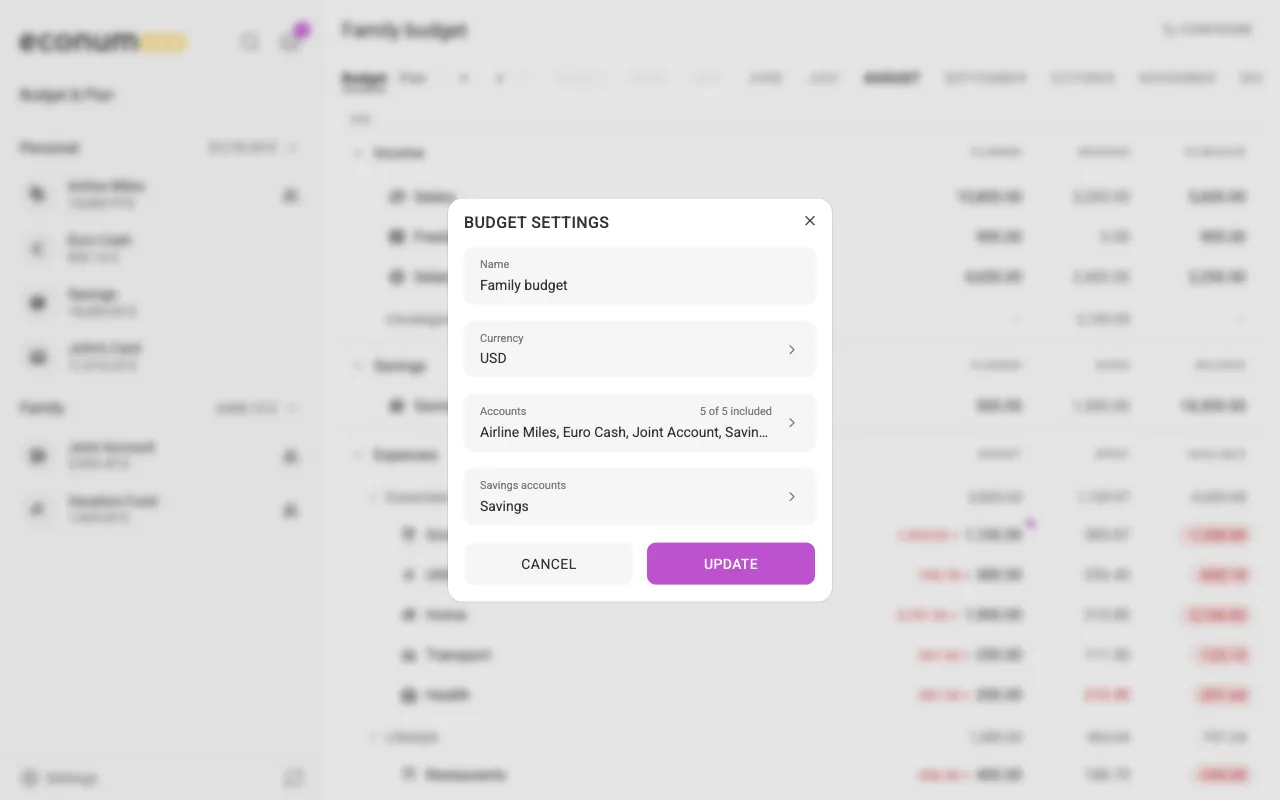 The Budget settings dialog (desktop)