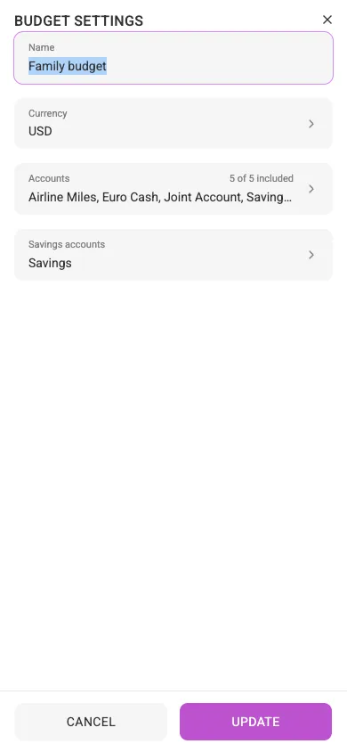 The Budget settings dialog (mobile)