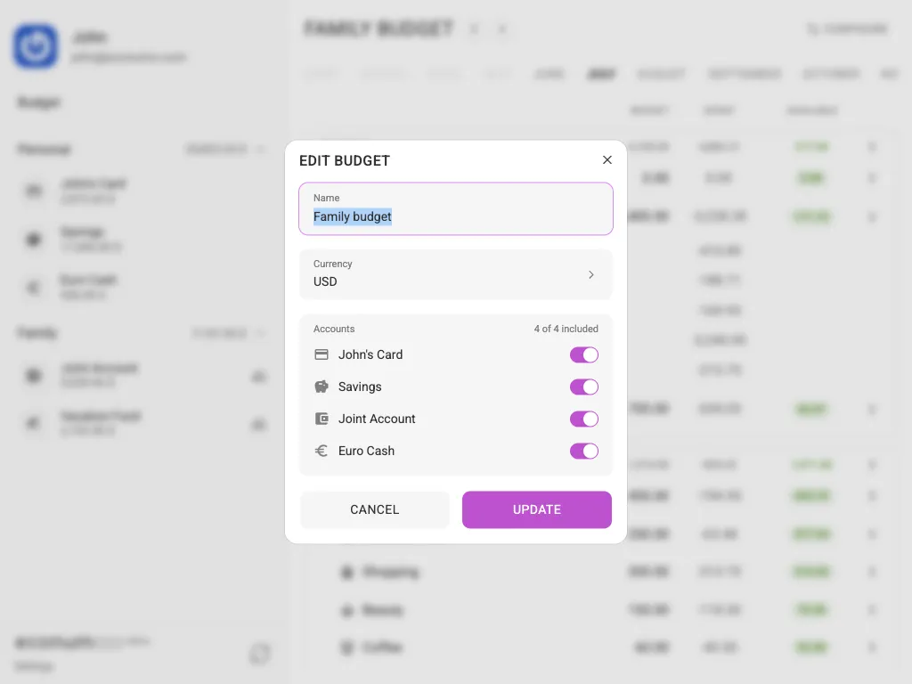 The edit-budget dialog (tablet)