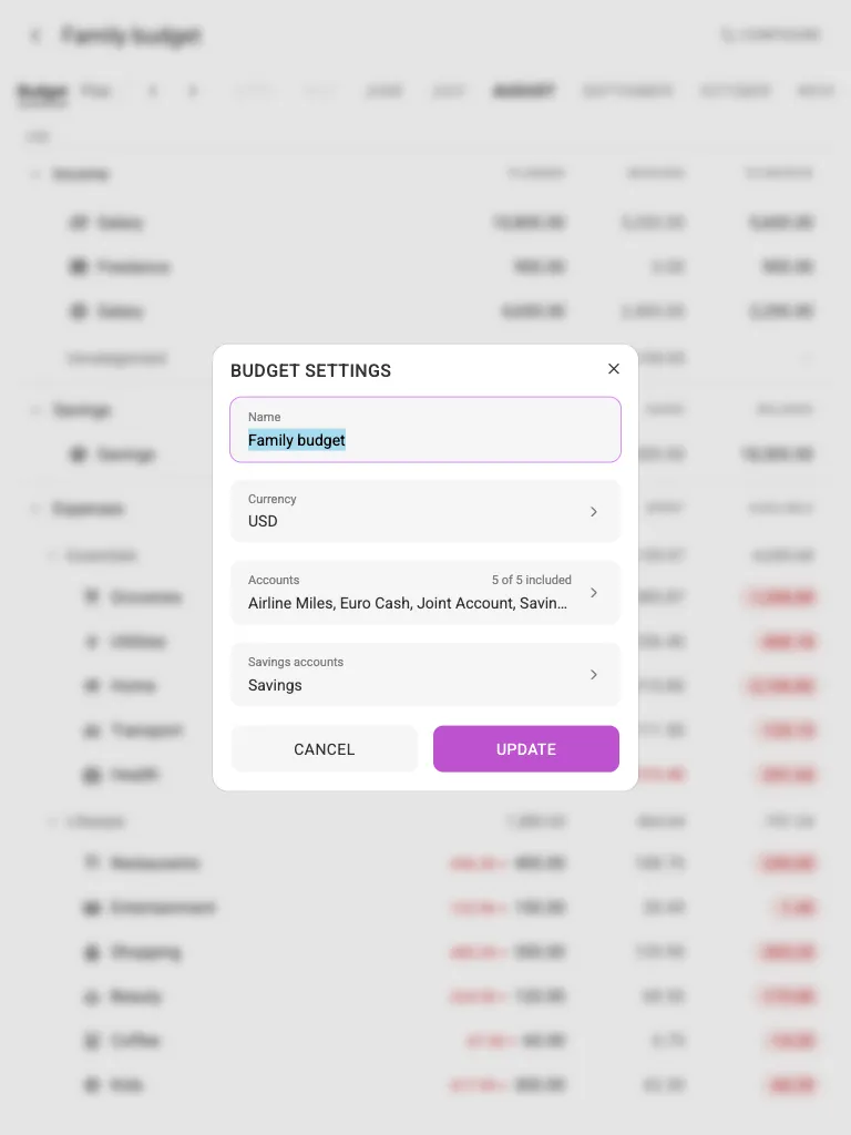The Budget settings dialog (tablet)