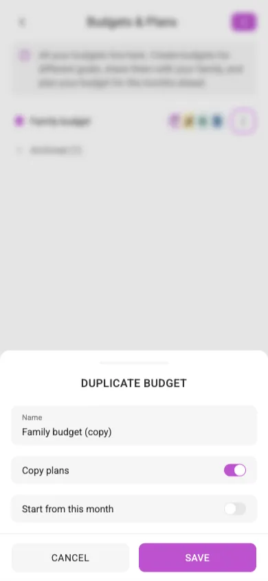 The Duplicate budget dialog (mobile)