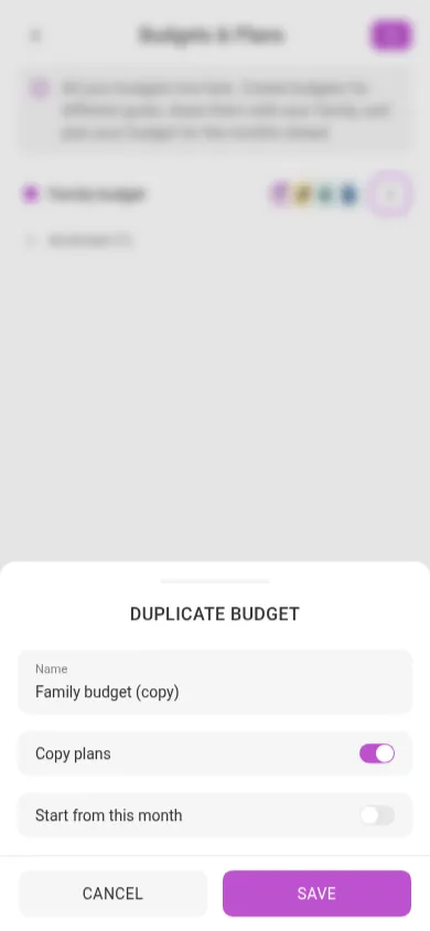 The Duplicate budget dialog (mobile)