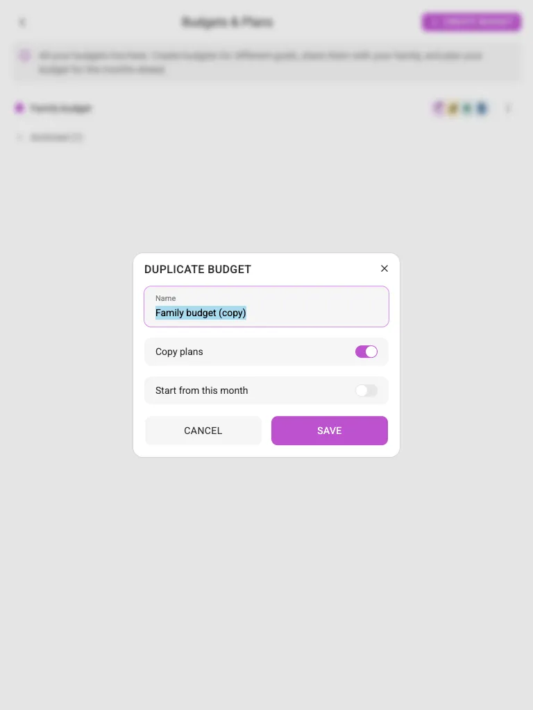 The Duplicate budget dialog (tablet)