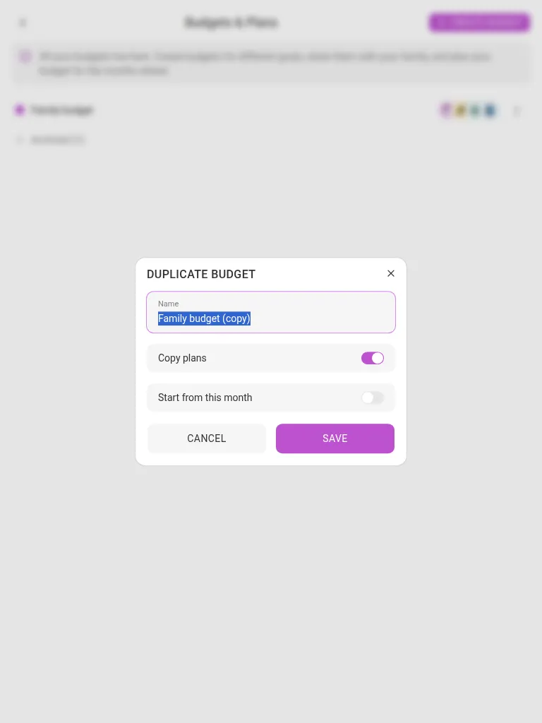 The Duplicate budget dialog (tablet)