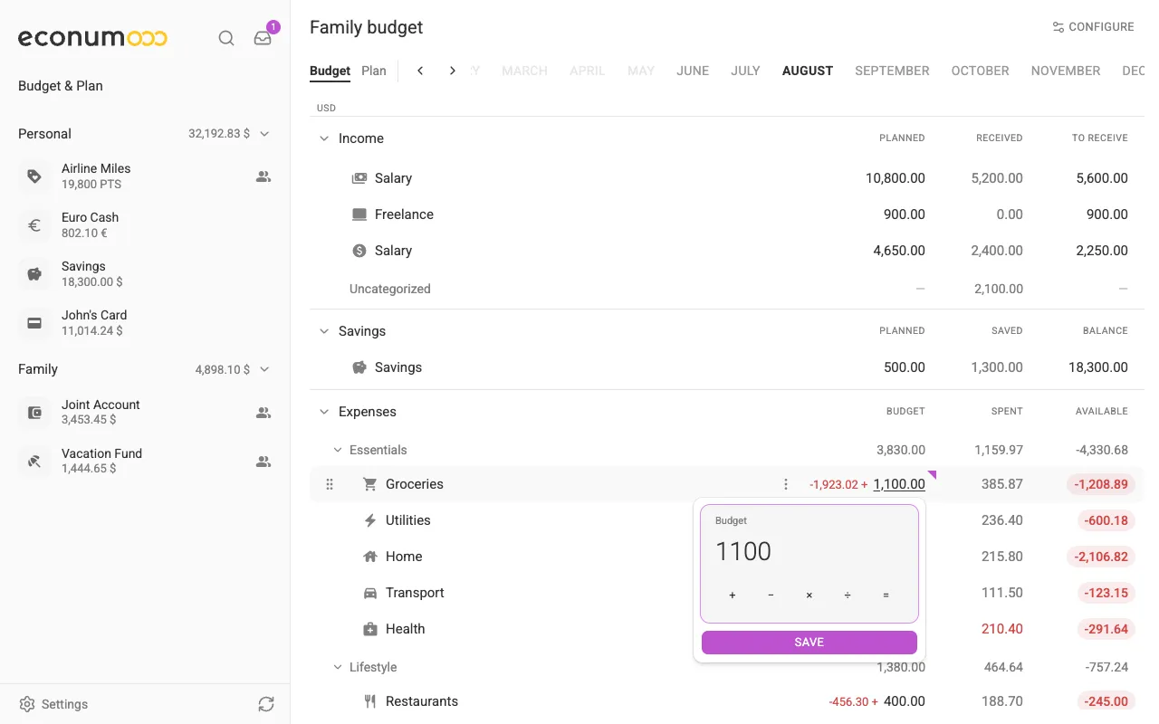 Editing a budget amount in place (desktop)