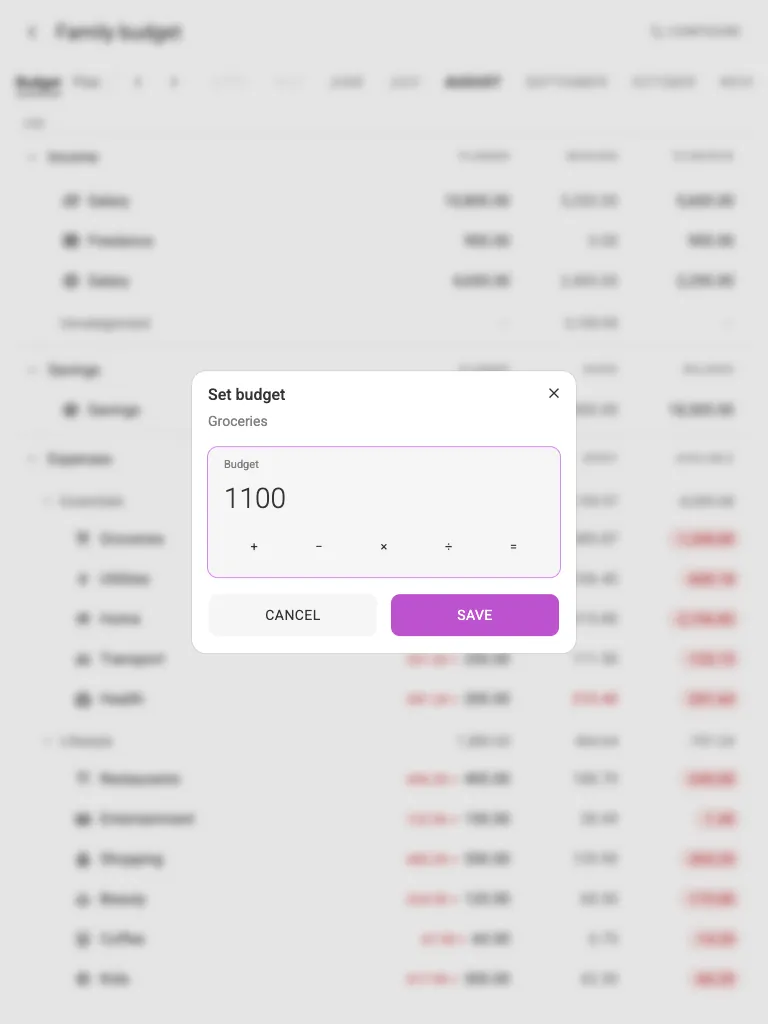 Editing a budget amount (tablet)