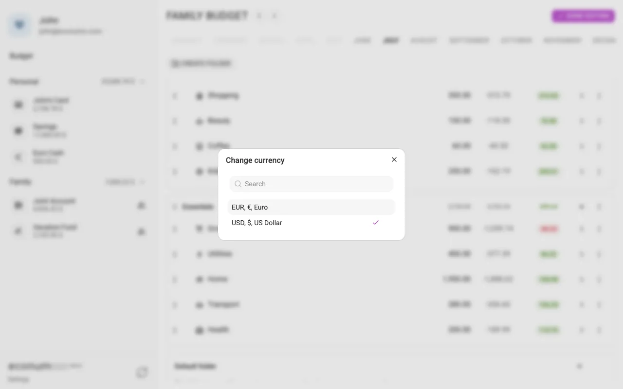 Changing a budget element's currency (desktop)