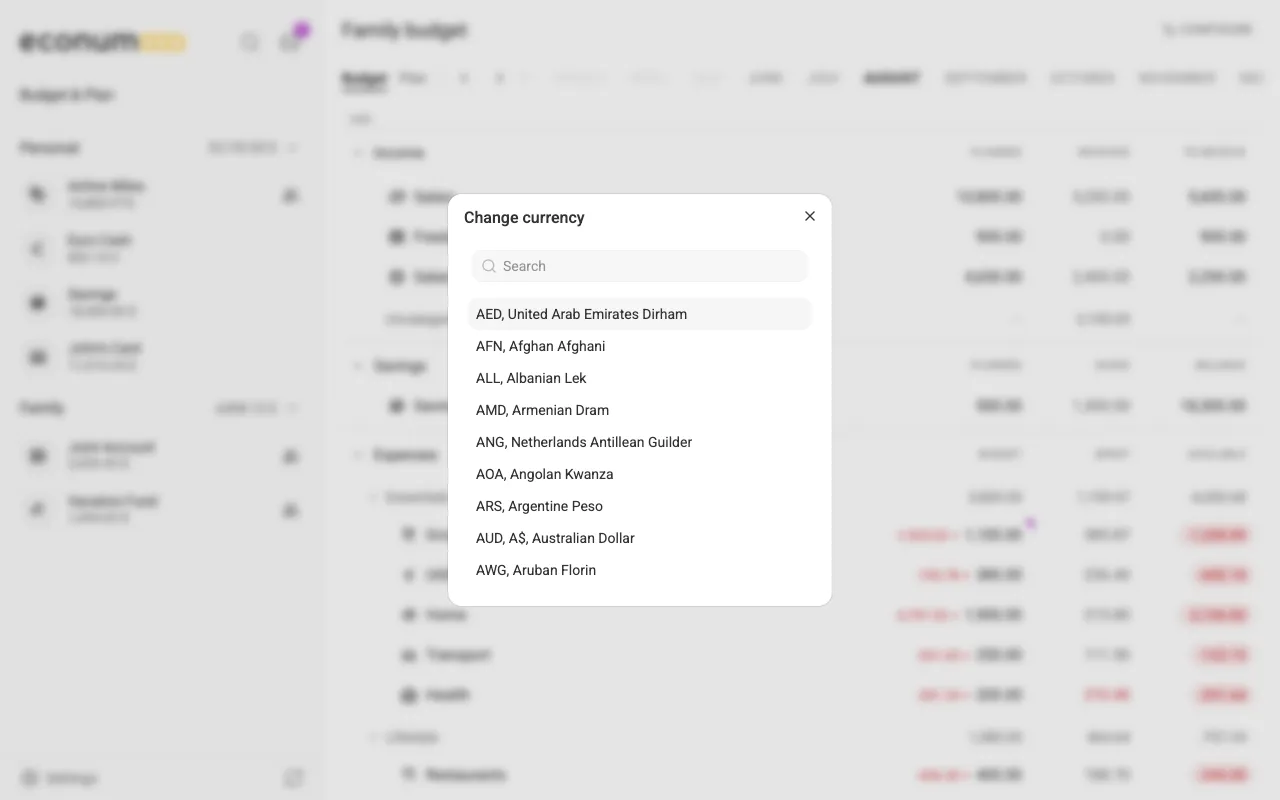 Changing a budget element's currency (desktop)