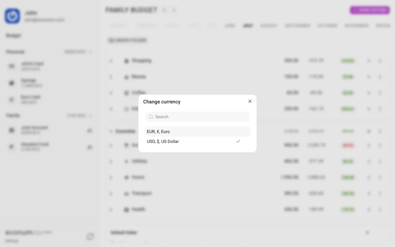 Changing a budget element's currency (desktop)