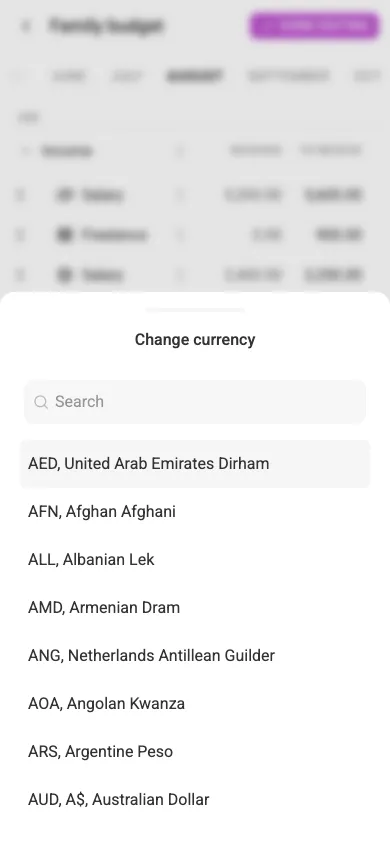Changing a budget element's currency (mobile)