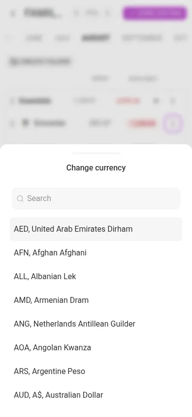 Changing a budget element's currency (mobile)