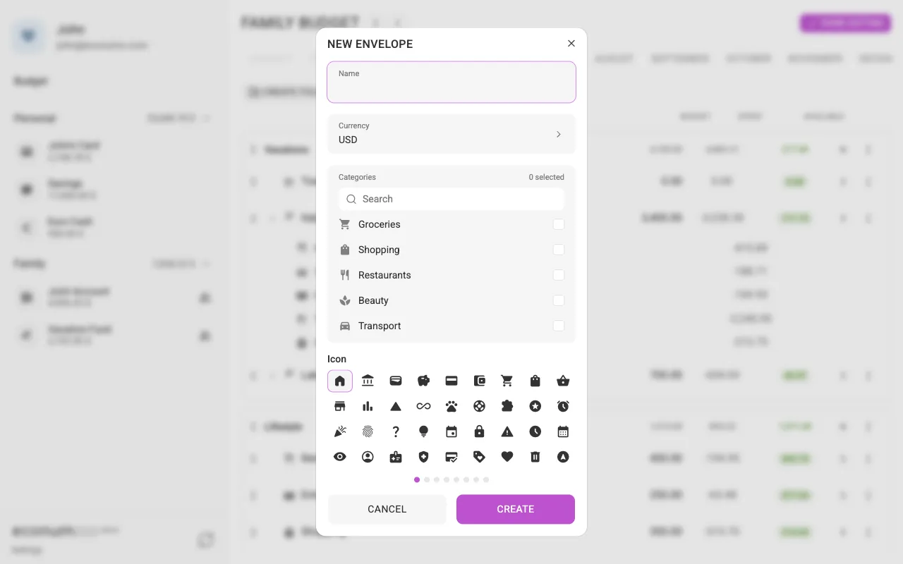 The new-envelope dialog (desktop)