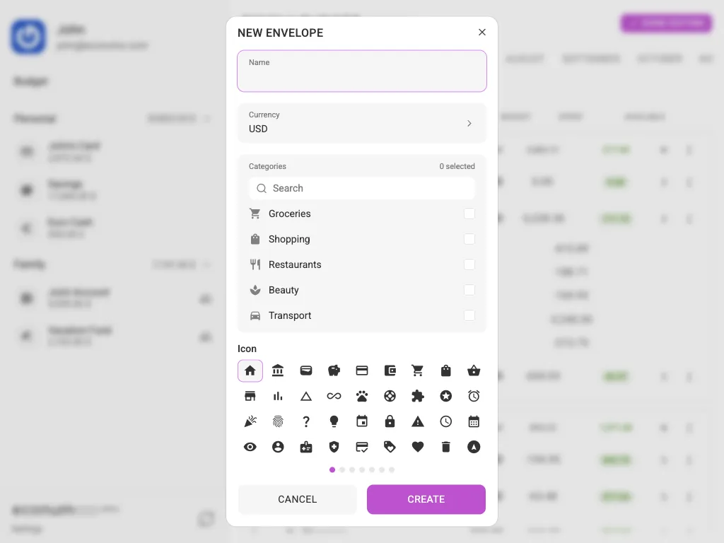 The new-envelope dialog (tablet)