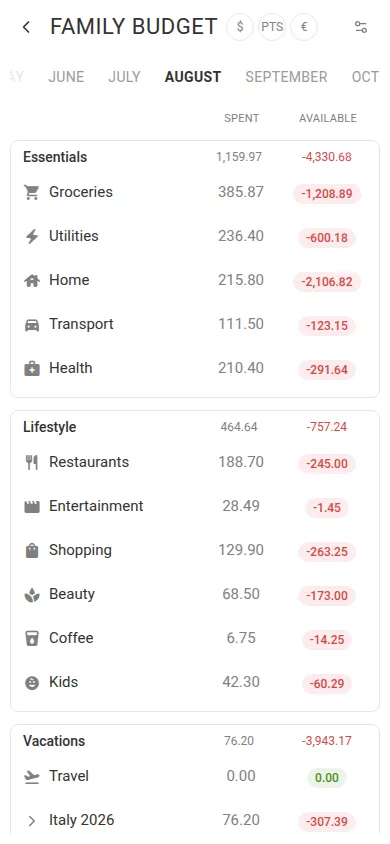A multi-currency budget with the currency switcher and rate (mobile)