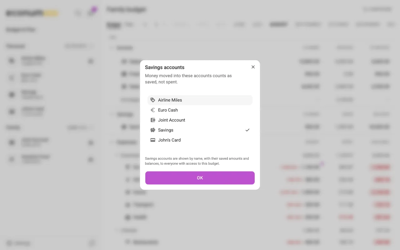 Choosing the budget's savings accounts (desktop)
