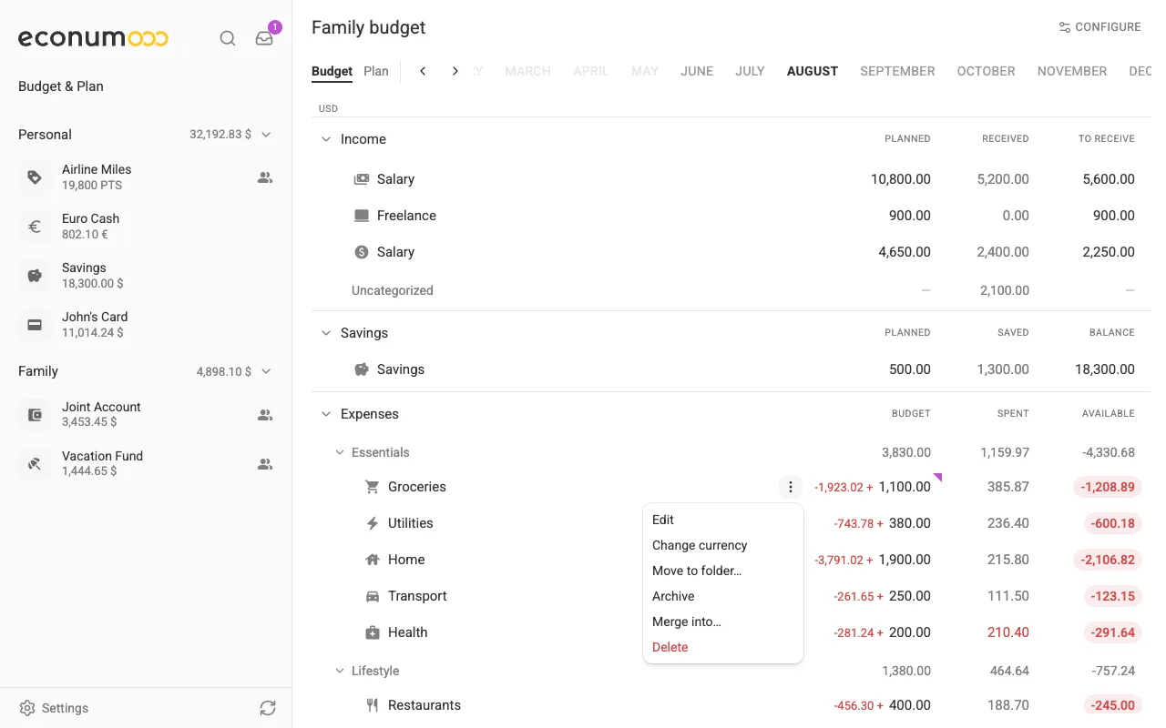 An expense row's menu (desktop)