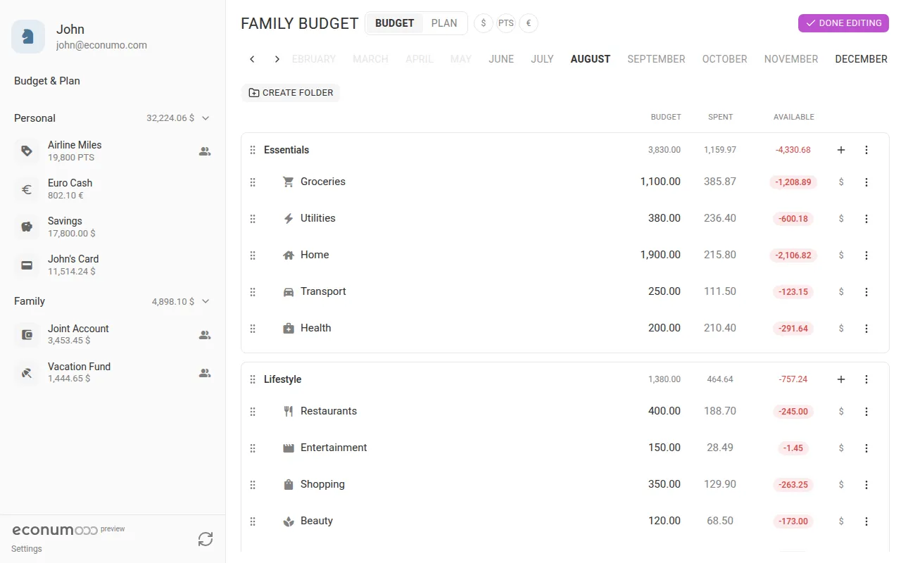 The budget in edit-structure mode (desktop)