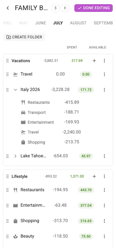 The budget in edit-structure mode (mobile)