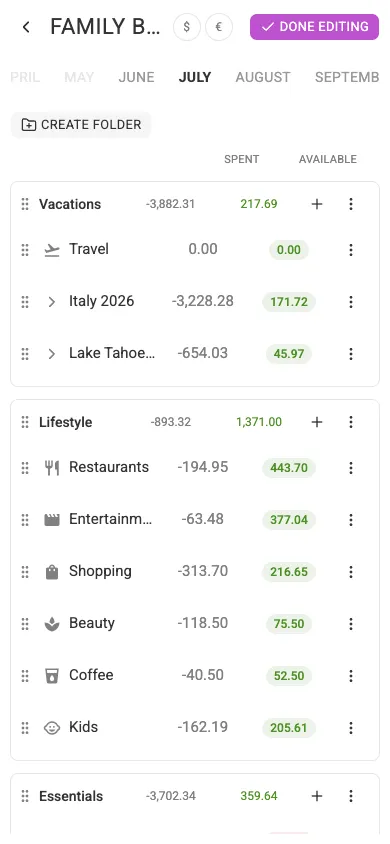 The budget in edit-structure mode (mobile)