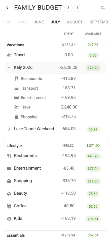 The Italy 2026 tag expanded into categories (mobile)