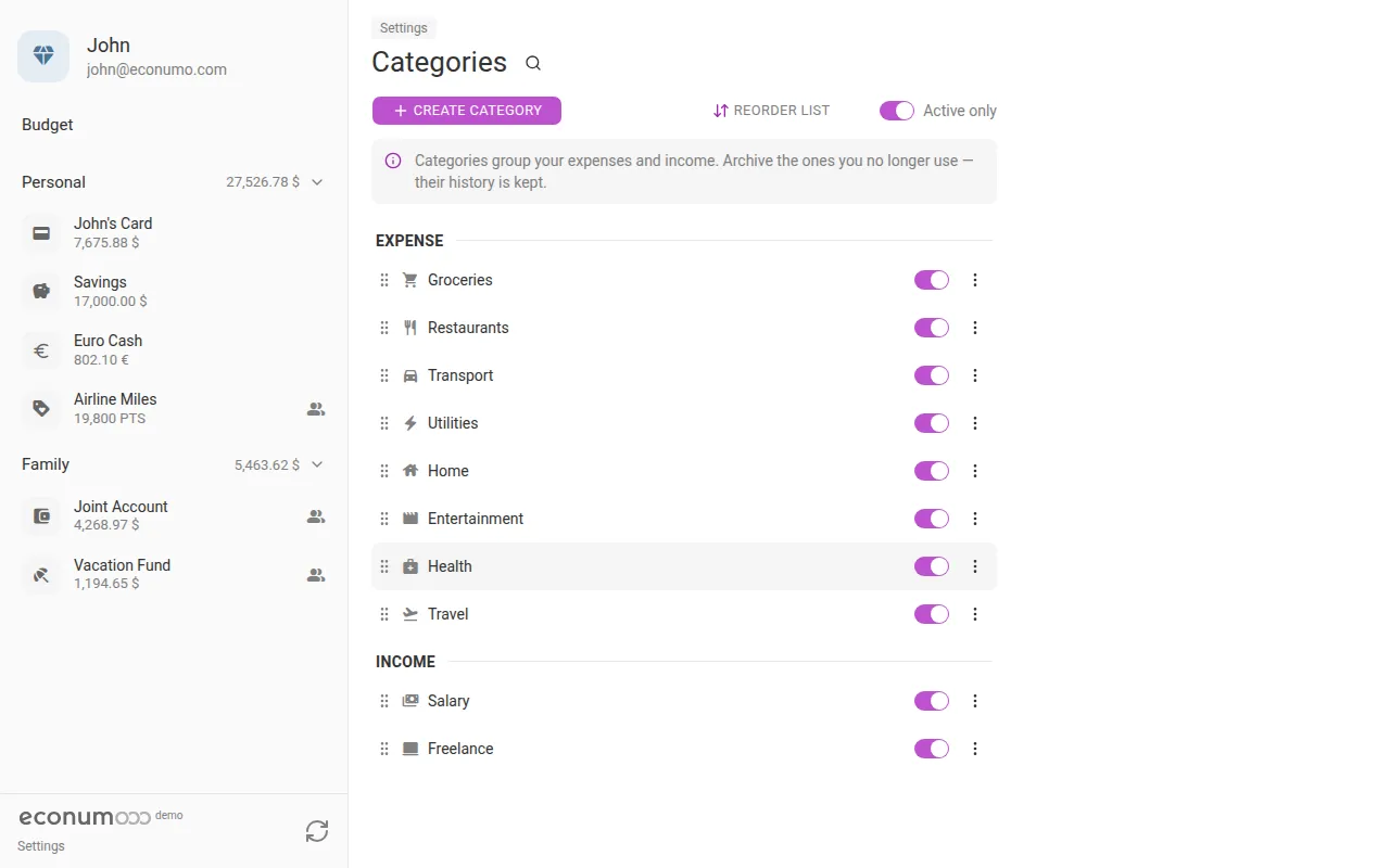 The Categories screen (desktop)