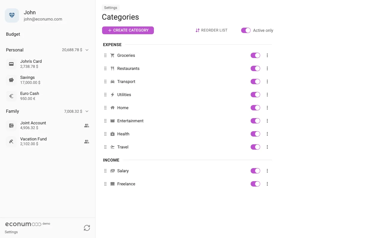 The Categories screen (desktop)