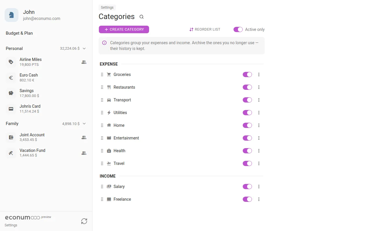 The Categories screen (desktop)