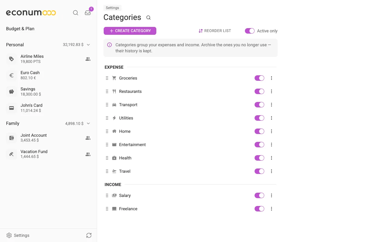 The Categories screen (desktop)